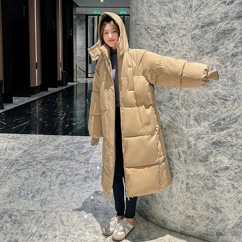 2022 Korean Jacket Women Winter X-long Parkas Solid Hooded Thicken Warm Female Snow Wear Coat Padded Loose Clothes
