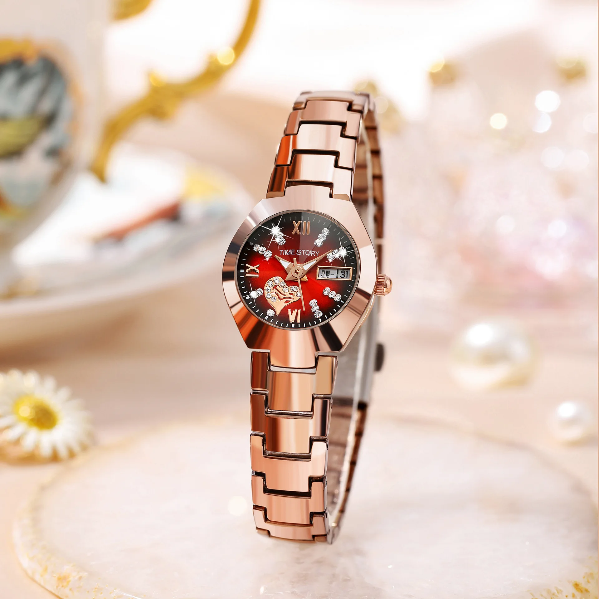 Fashion explosion women's hot selling heart drill face double calendar women's waterproof quartz watch
