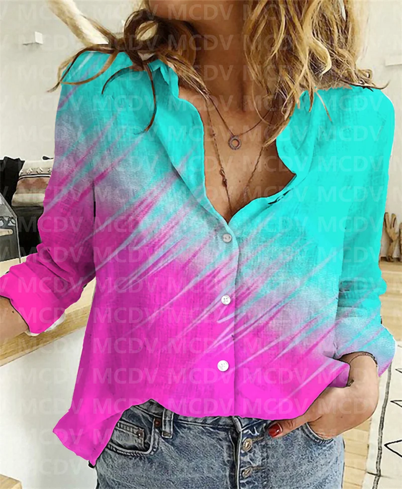 

Women Linen Shirt Blue Gradient Art Women's Casual Shirt 3D Printed Button-down Shirt Casual Unique Streewear 11 Style 02