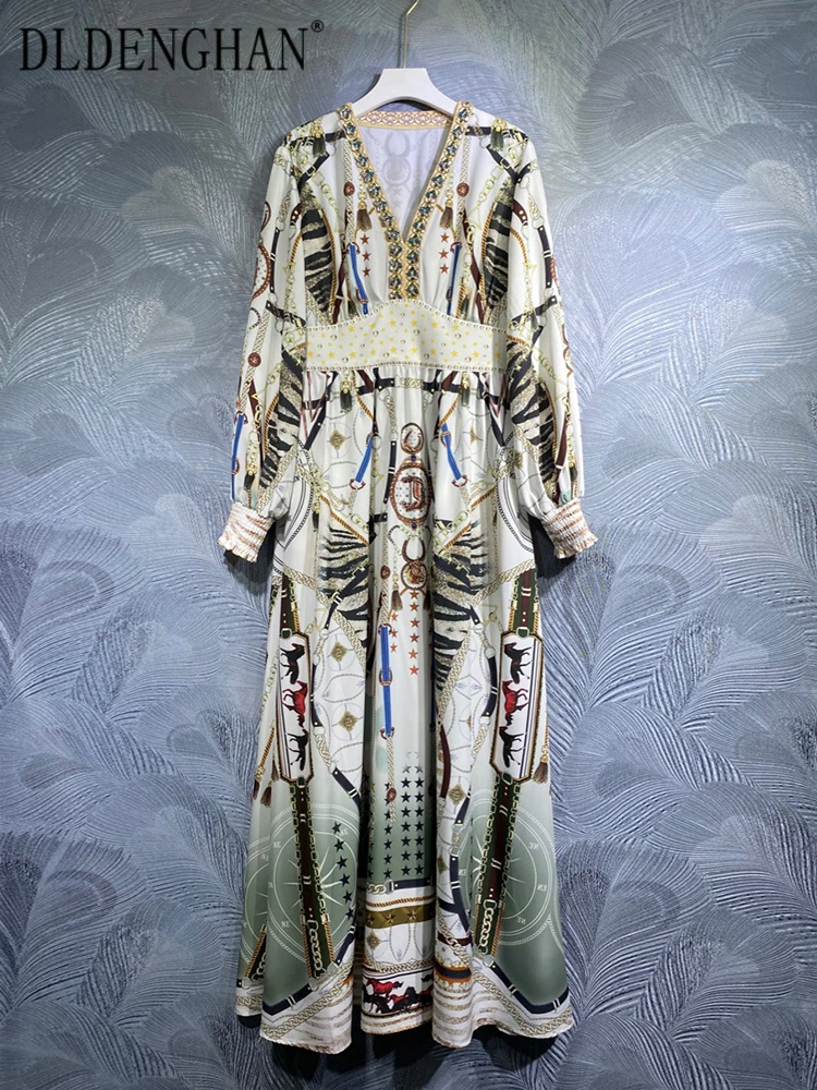 DLDENGHAN Spring Summer Maxi Dress Women Crystal Beading V-Neck Lantern Sleeve Vintage Print Floor-Length Dress Fashion New