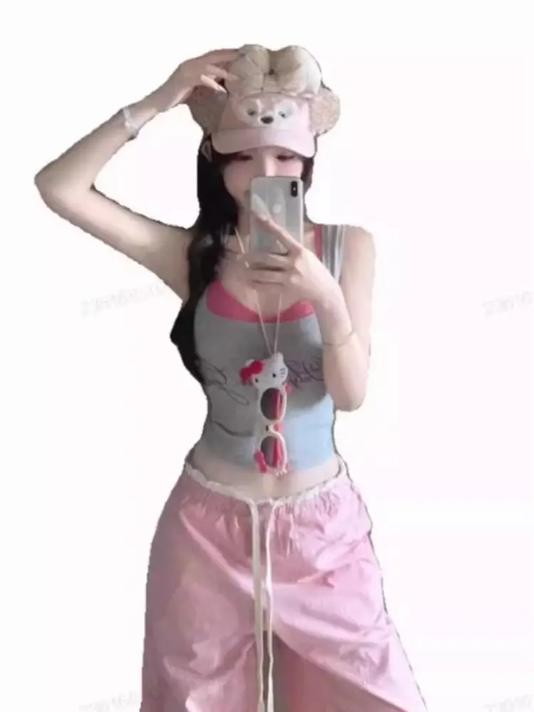 Stacked Fake Two Pieces Inner wear Cami Women Summer Outer Wear Sleeveless Design Sense Short Sweet Gyaru Top