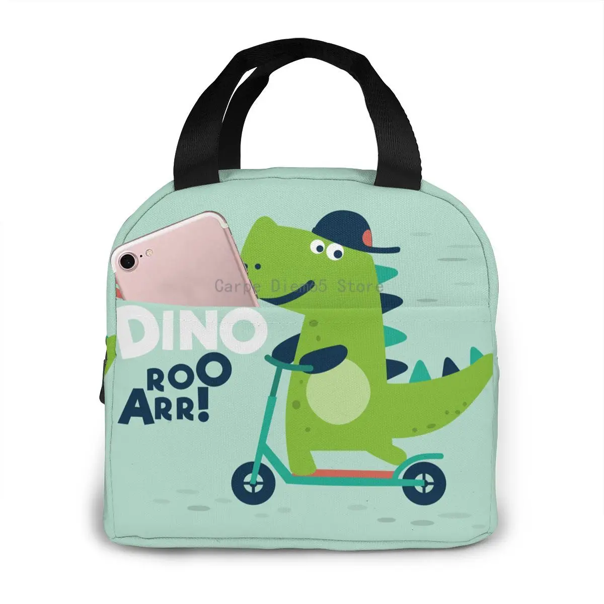 

Cute Dinosaur Rides On Kick Scooter Cooler Bag Portable Zipper Thermal Lunch Bag Convenient Lunch Box Tote Food Bag