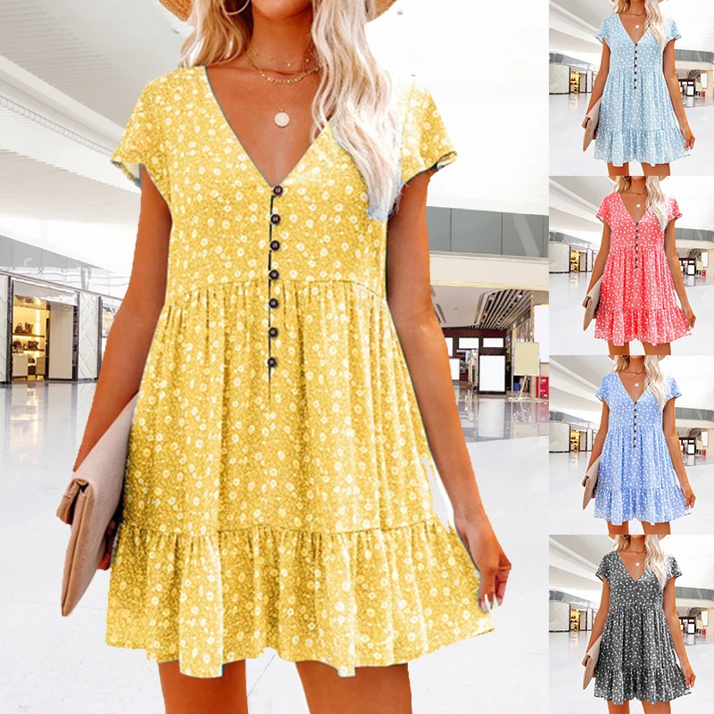 

Women Loose Vintage Sexy Button Floral Print Dress Large Big Ruffles Summer Boho Casual Party Beach Dresses Plus Size