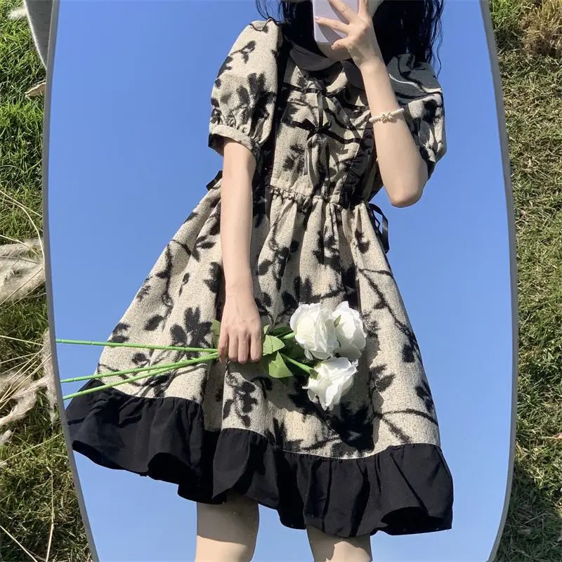 

Mori Tied First Love Skirt Bow Doll Collar Bubble Sleeves Tucked Waist Show Thin Cover Meat Floral Age Reduction Cute A-Line Ski