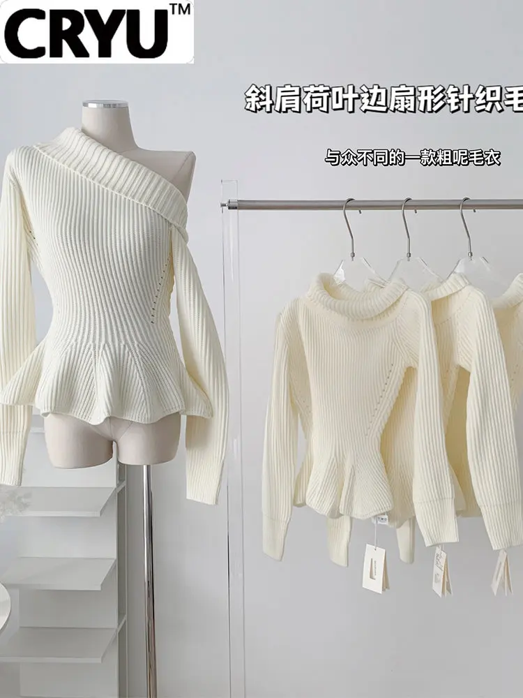 

Sweater Skew Collar Ruffle Design Women Solid Color Knit Pullover Soft Cozy Long Sleeve Knitwear Female French Style Elegance