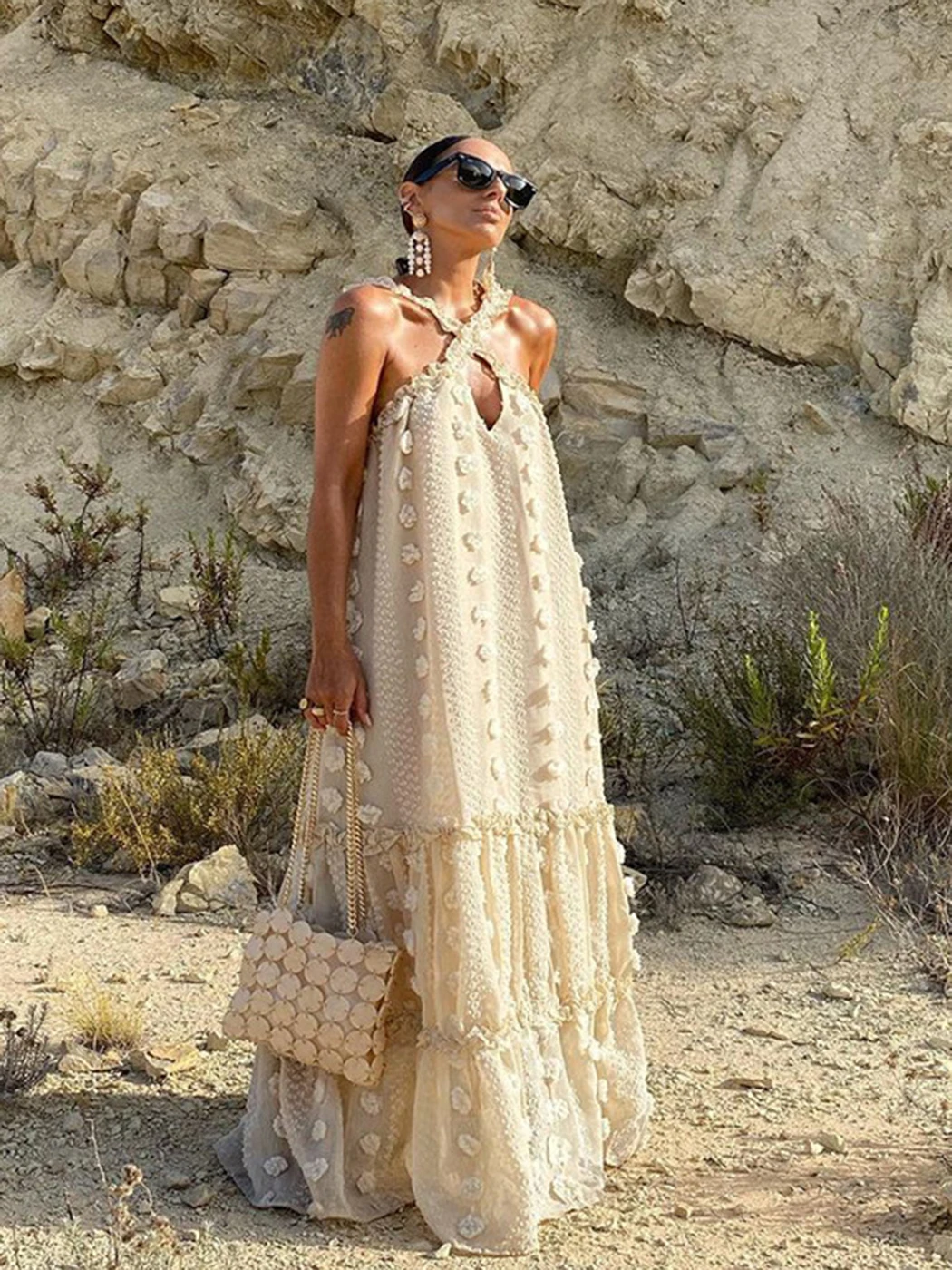 

2022 Summer Women Dress Vacation Beach Wear 3d Flower Ruffle Sleeveless Fashion Cross Halter Neck Maxi Dress Loose Casual