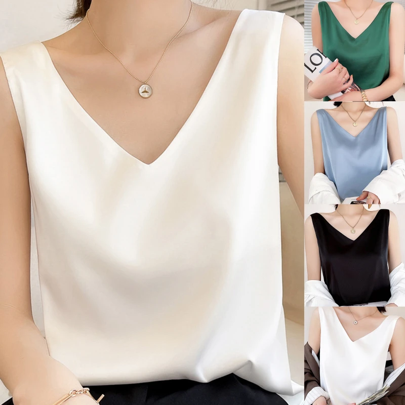 

Women Sling Silk Camisole Vest Strappy Short Loose Vest Tank Top V-Neck Silky Summer Sexy Multicolor Camis Fabric Soft