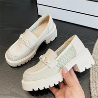 mesh hollow thick bottomed platform leather shoes womens british style casual loafers mid heel summer college student shoes