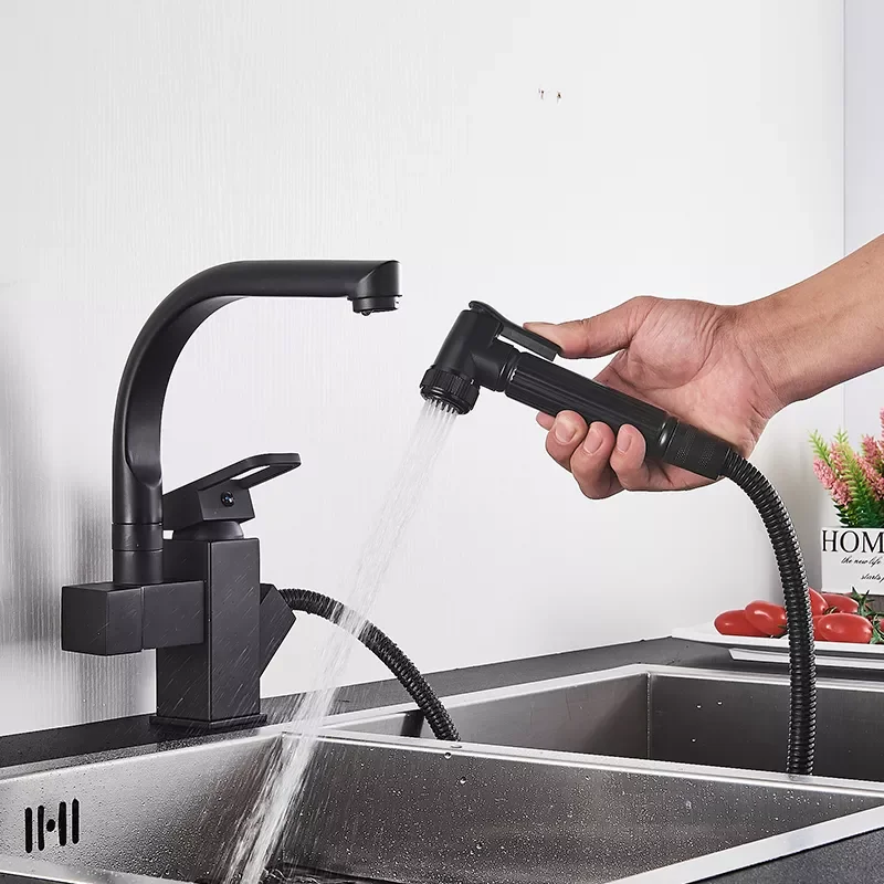 

Matte Black Pull Out Kitchen Faucet Hot Cold Water Mixer Tap for Bathroom Rotate Spray Basin Sink Faucet LED Faucet