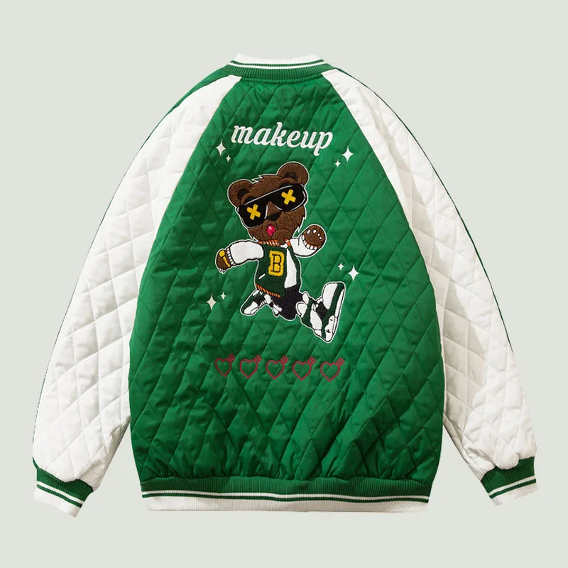 

Winter Hip Hop Cartoon Bear Embroid Plaid Padded Parkas Jacket Men Harajuku Causal Loose Patchwork Green Coats Unisex Streetwear