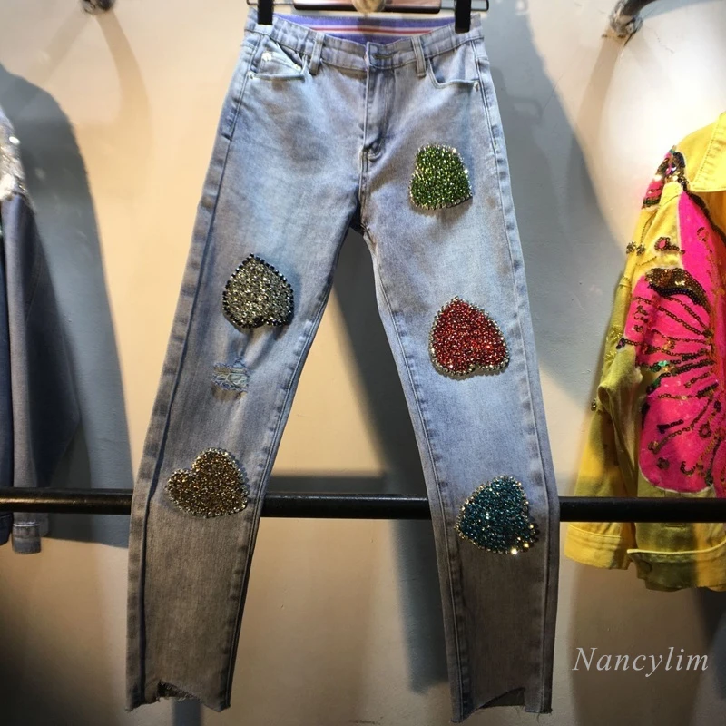

Skinny Jeans Women 2022 Spring European Style New Exquisite Rhinestone Beaded Peach Heart High Waist Slim Stretch Denim Pants