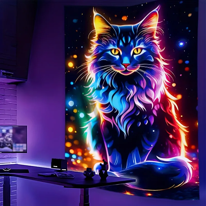 

Светящийся неоновый гобелен с черным котом, УФ-гобелен, настенный гобелен, украшение для спальни, дома, вечеринки