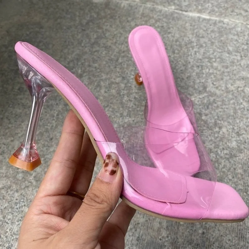Summer New Slippers for Women Fashion Transparent PVC Crystal Heeled Women Slippers High Heel Shoes Plus Size 43 Mules Slides