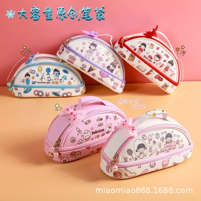 

Сумка большой вместимости для девочек младшей и старшей школы, Милая Красная сетчатая школьная сумка для учеников начальной школы, пенал дл...