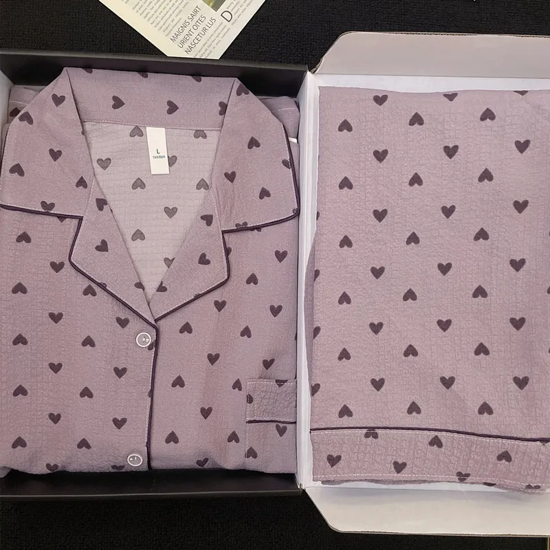 

Женская пижама из двух предметов с длинными рукавами и брюками, ночные костюмы, домашняя одежда с милым принтом Love, Шелковый комплект одежды для сна