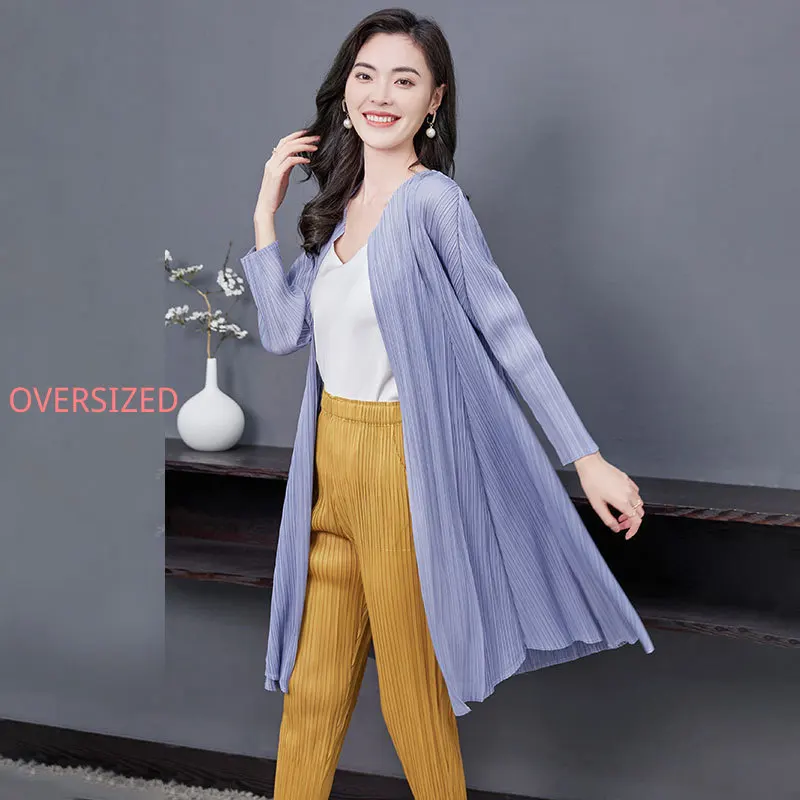 Women's New Miyake Autumn Windbreaker Jacket Solid Color Simple 8-piece Stitching Long-sleeved Cardigan Casual Cape PLEATS Coat