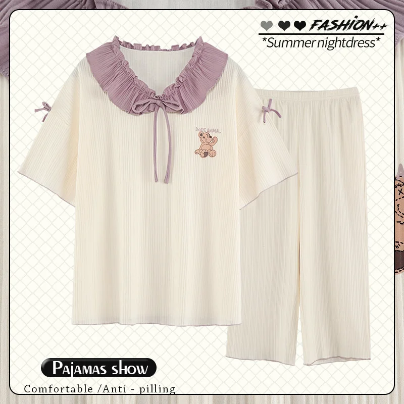 Pajama Women's New Summer Capris Korean Version Sweet Palace Style Home Suit Can Be Worn Out Recommended