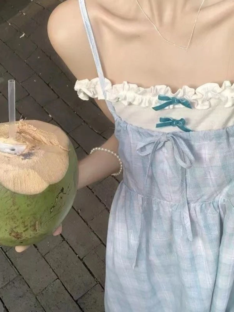 

2023 Summer One Piece Dress Korean Fashion Plaid Square Collar Casual Midi Dress Female French Sleeveless Beach Party Dress