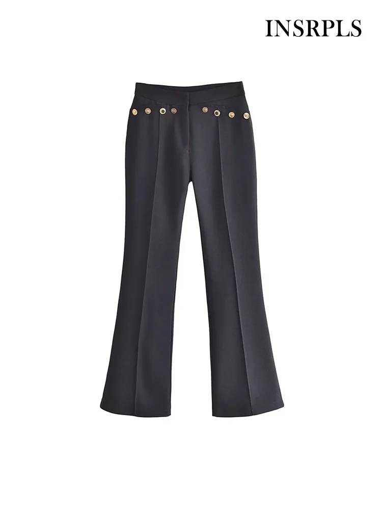 

INSRPLS Women Fashion With Metal Button Flared Pants Vintage High Waist Zipper Fly Female Trouser Mujer