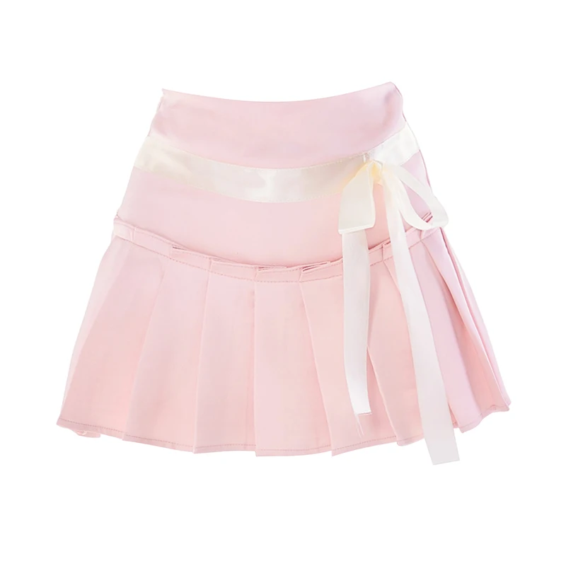 

Розовые плиссированные юбки, Женская атласная мини-юбка А-силуэта с завышенной талией и бантом, шикарная модная Милая кавайная одежда в сти...