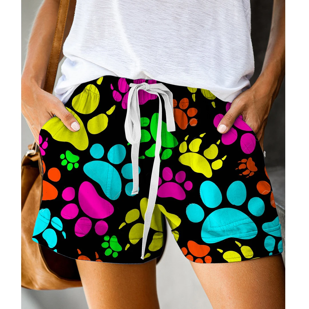 Women's Cute Animal Paw Print Shorts High Waist Side Pockets Bottoms Elastic Waist Loose Shorts Summer Casual Drawstring Trouser