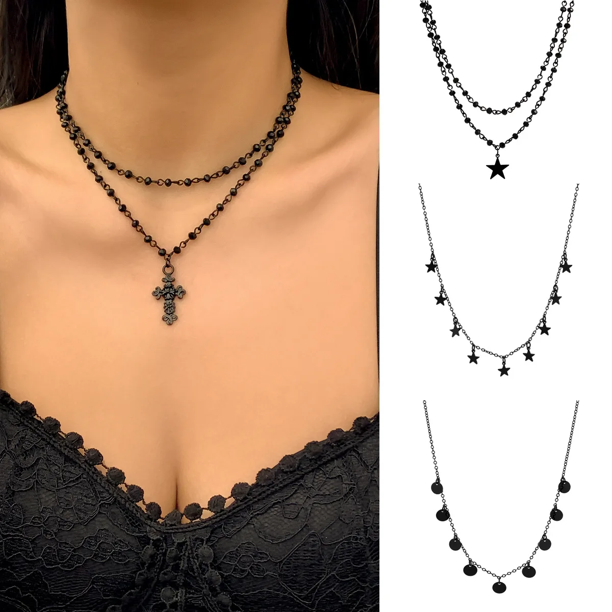 

New Vintage Black Metal Sequin Star Tassel Charm Necklace for Women Jewelry Thin On The Neck Clavicle Chain Wedding Party