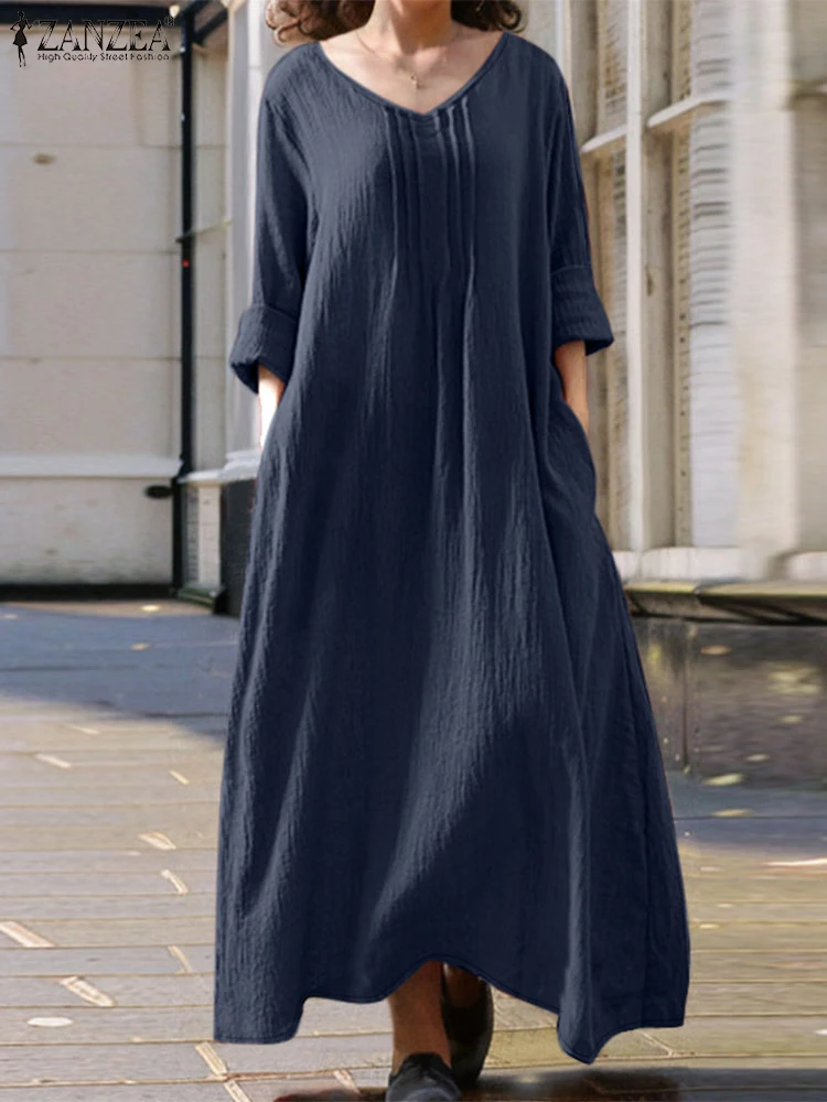 ZANZEA отпускное платье макси с длинными рукавами осень 2024 женские однотонные