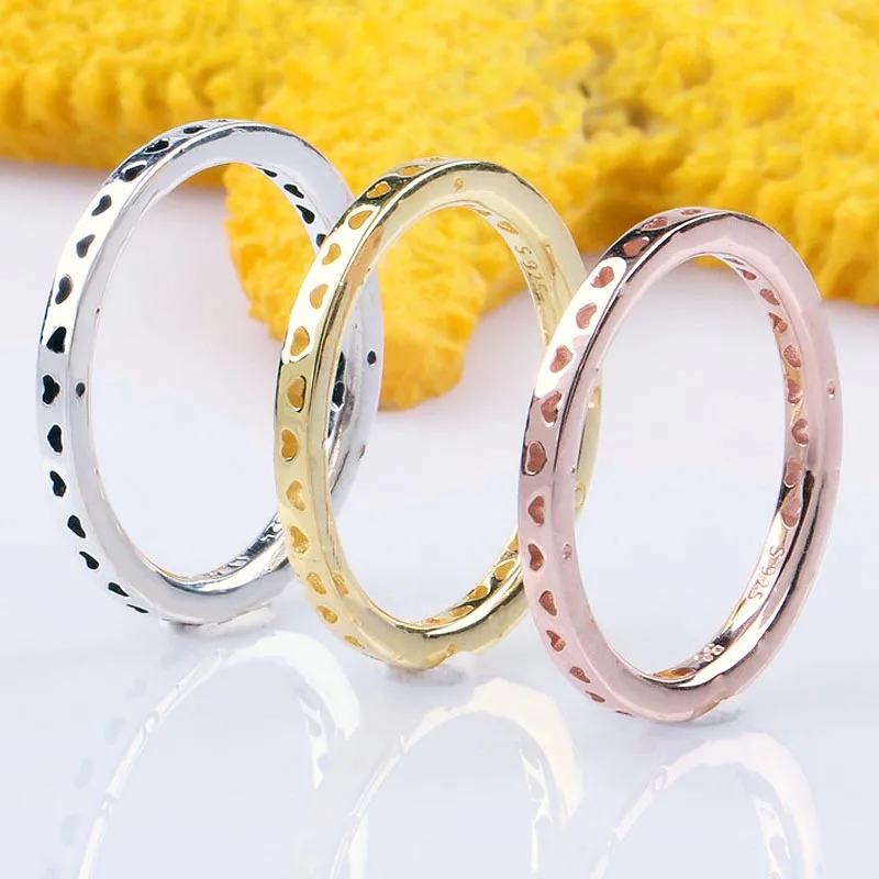 

Authentic 925 Sterling Silver Rose Golden Signature Hearts Stack Rings For Women Wedding Party Europe Fashion Jewelry