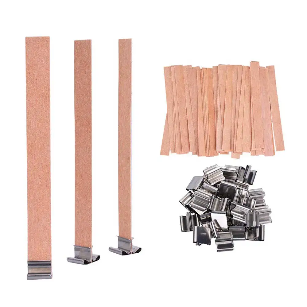 

50Pcs wooden candle wooden wick with Iron Stand Candle Cores Natural Environmental Wick DIY Candle Making Supplies Soy Parffin