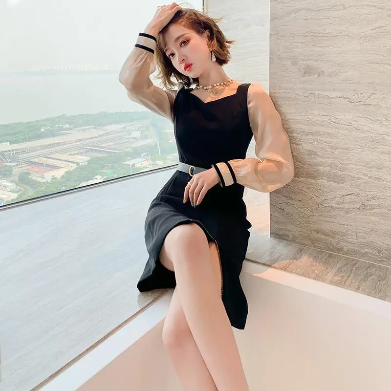 

Women 2022 Spring Autumn New Square Collar Stitching Dress Female Long Sleeve Casual Dress Ladies Straight Mini Vestidos K182
