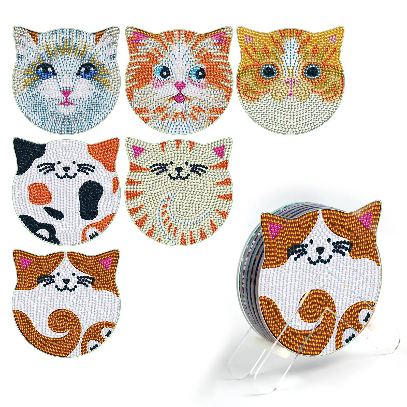 

6Pcs/set DIY Diamond Painting Coaster Animal Cat Drink Cup Cushion Non-slip Table Placemat Insulation Pad Home Kitchen Decoratio