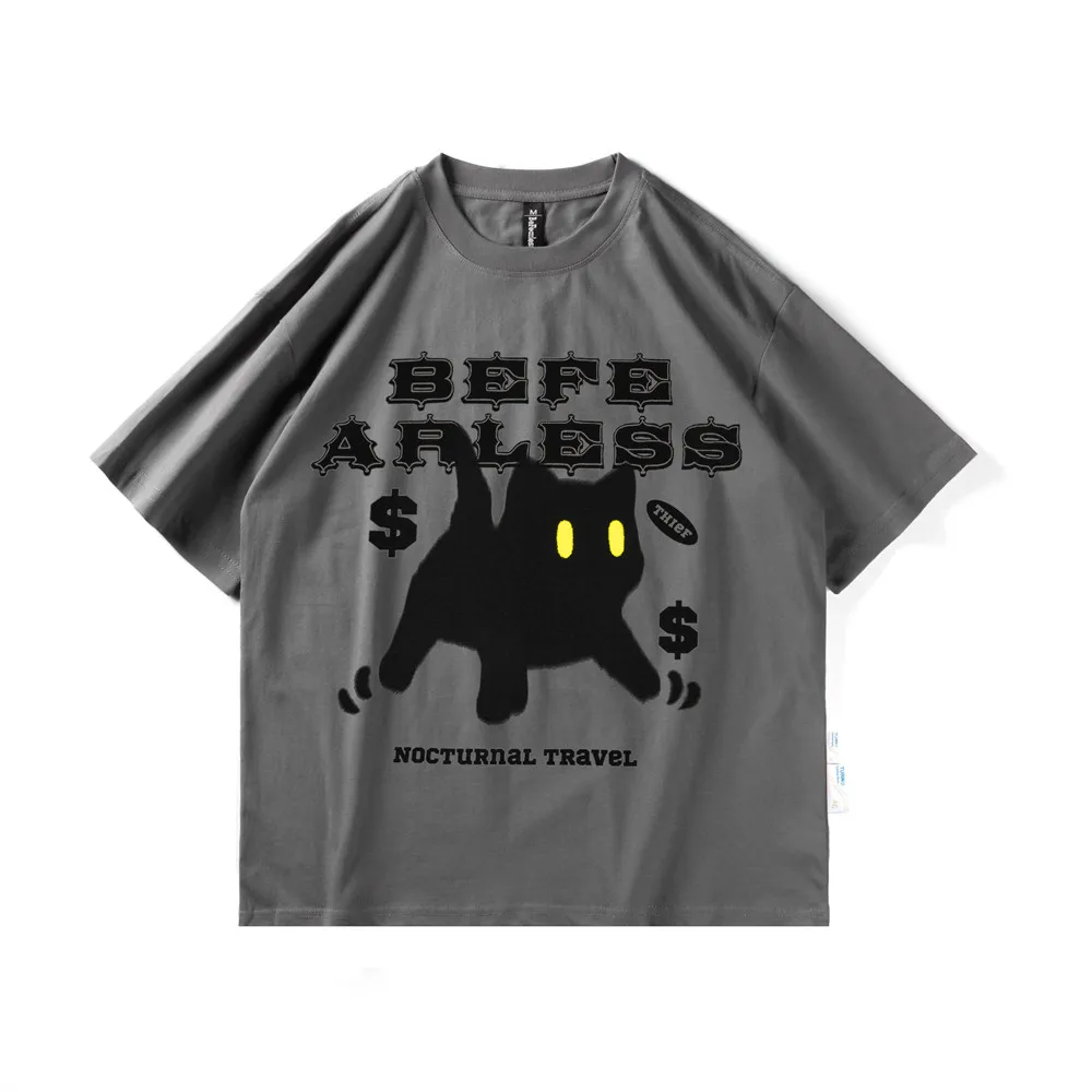 

Hip Hop Streetwear Men T-Shirt Funny Black Cat Printed T Shirt Harajuku Cotton Casual Tshirt 2022 Summer Short Sleeve Tops Tees