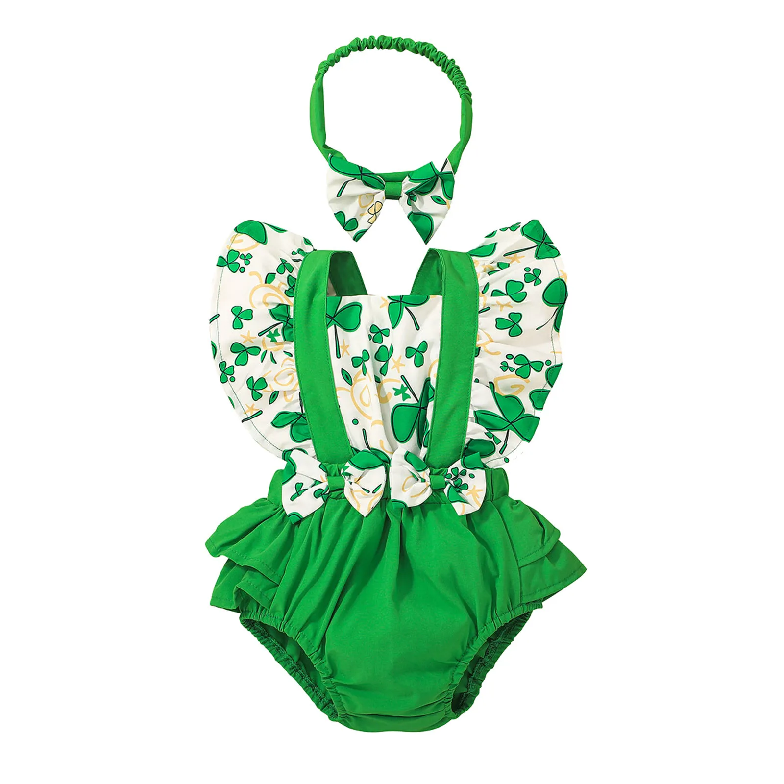 

Girls Romper St.Patrick's Set Baby Bodysuit Backless Day Headbands Floral Printed Infant Welcome Home Baby Set Welcome Clothing
