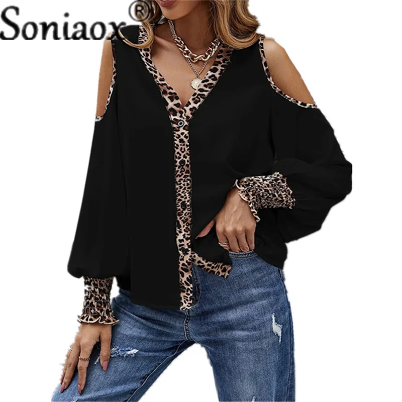 Купи Summer Women's Clothing Sexy Leopard Patchwork Off Shoulder Long Sleeve Tops V-Neck Button T-shirt Ladies Casual Tee Loose Shirt за 616 рублей в магазине AliExpress