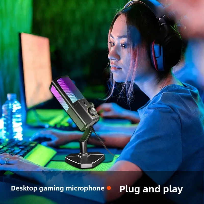 Фото RGB-микрофон для игр и киберспорта, с шумоподавлением, USB, для компьютера, караоке, специальный настольный конденсаторный микрофон №2