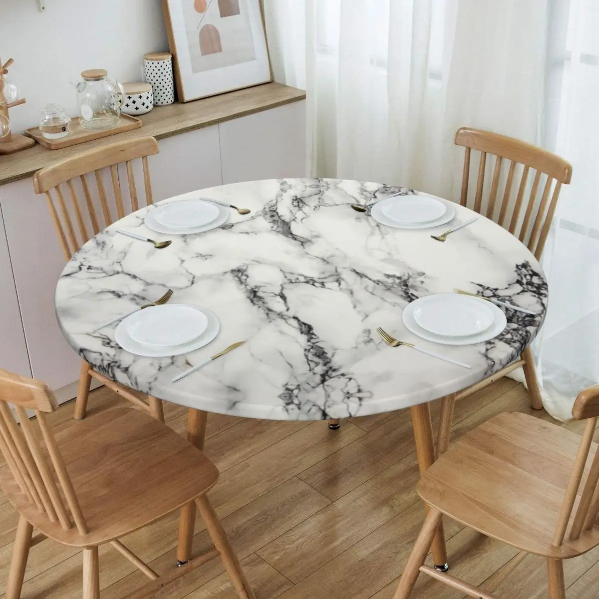 Round Oilproof White Marble Texture Table Cover Fitted Abstract Art Table Cloth Backing Edge Tablecloth for Dining