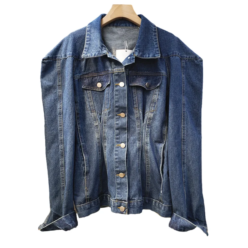 

Vintage Dark Blue Contour Denim Jacket Women Spring Autumn New Slim Short Cowboy Outerwear Long Sleeve Jeans Jacket Coat Female