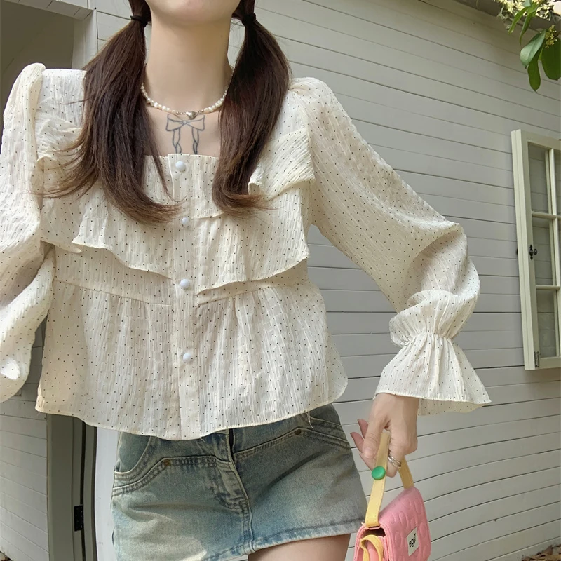 Рубашка женская прямая в горошек милая блузка с оборками топ квадратным вырезом