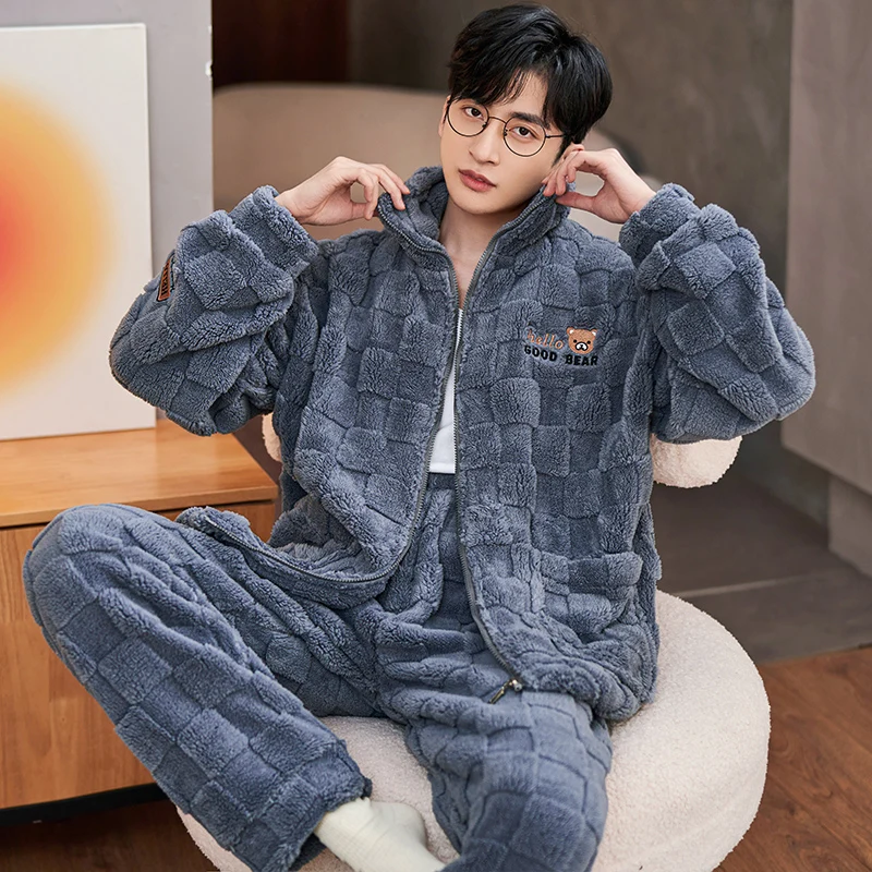 QUHENG Coral Fleece Pajamas Men Set Thicken Warm Autumn Winter Letter Zipper Home Clothes Suits Thick Warm Pijamas Sleepwear