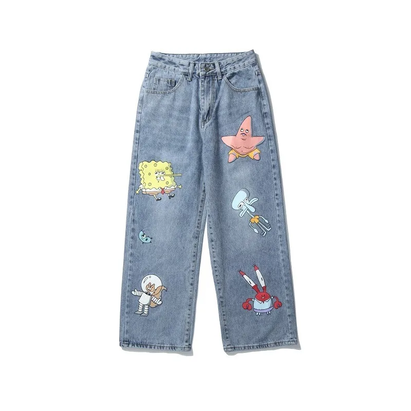 Men and Women Harajuku Cartoon Printed Jeans Korean Style Hip-hop Nine-point Loose Casual Fashion denim Harem Pants Streetwear