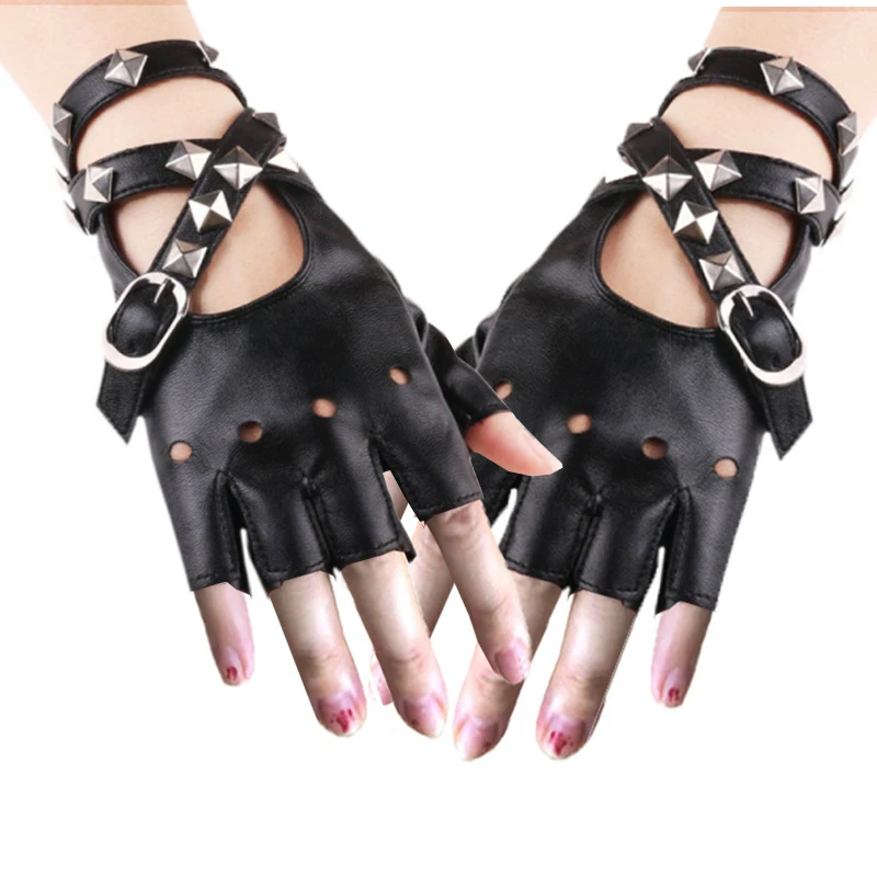 

New Women Long Chain Rivet Stage Performance Pole Dance Half Finger Leather Gloves Fashion Personality Sexy Nightclub Punk