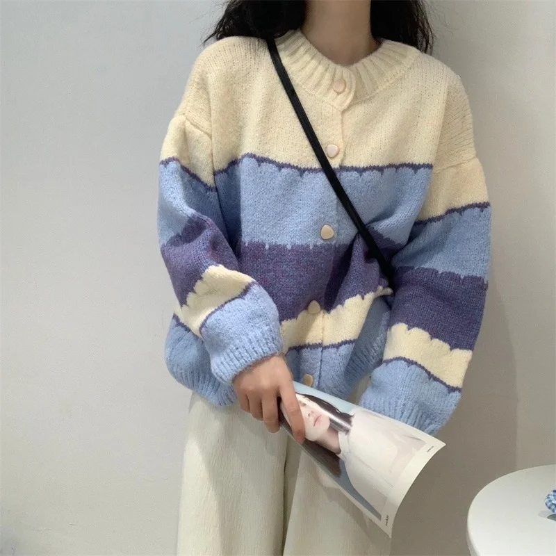 

2022 Autumn New Knitwear Purple Loose Korean Style Sweater Coat Fashion Casaco Feminino Color Contrast Patchwork Cardigan