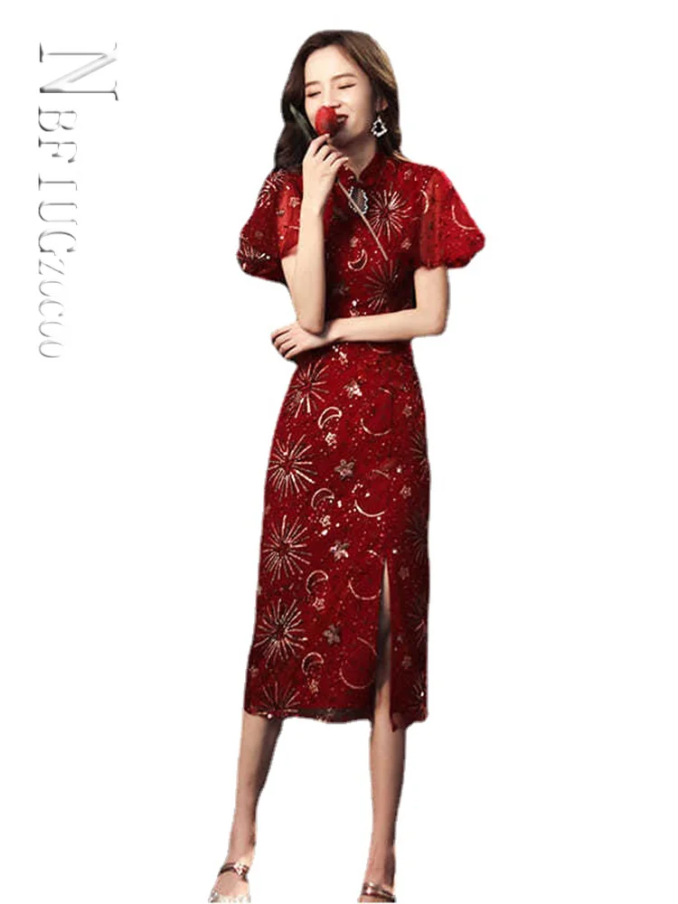 

Quinceanera Dresses Vintage Burgundy Women Exquisite Cheongsam Chinese Dress Sexy Hight Split Evening Party Dress Vestidos