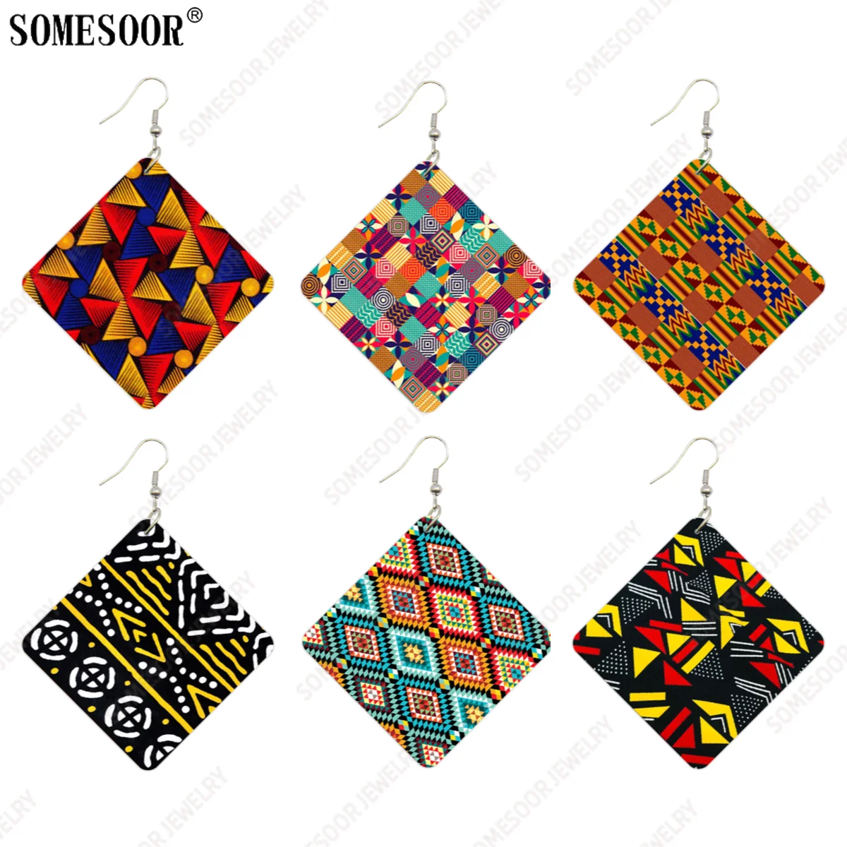 

SOMESOOR African Ankara Fabric Design Print Wooden Drop Earrings Colorful Geometric Mosaic Afro Tribal Women Boho Dangle Jewelry