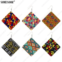 somesoor african ankara fabric design print wooden drop earrings colorful geometric mosaic afro tribal women boho dangle jewelry