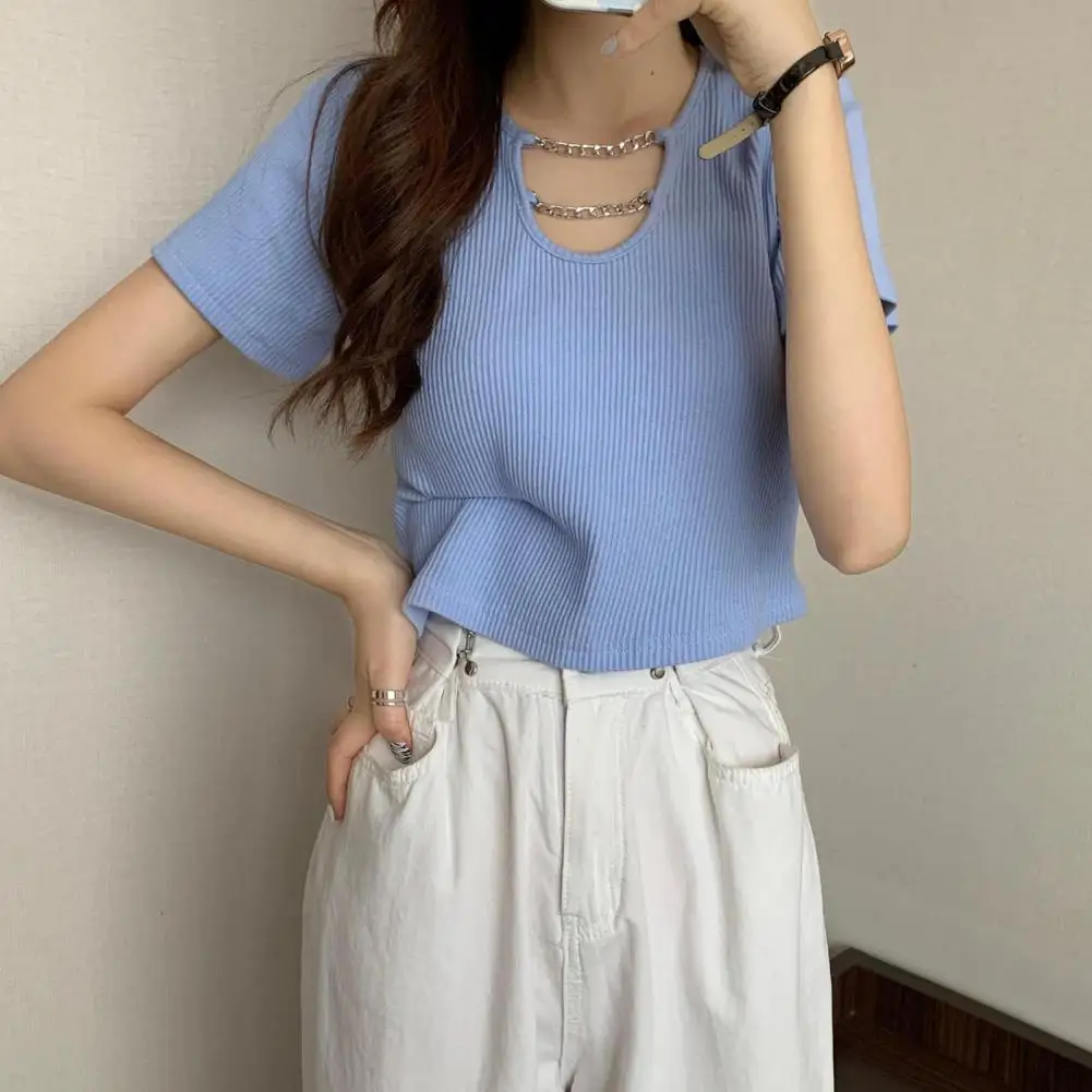 

Basic Top Hollow Out Skin-Touch Dressing Up Sexy Navel Exposed Stretchy Ribbed T-shirt Summer Top Daily Garment