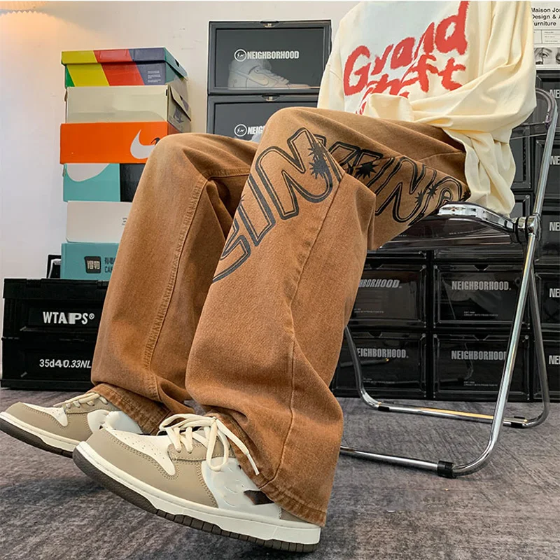 Wide Jeans for Men Street Style Fashion Printing Denim Trousers Baggy Straight Pants Vintage Y2K Bottoms Plus Size Male Clothes
