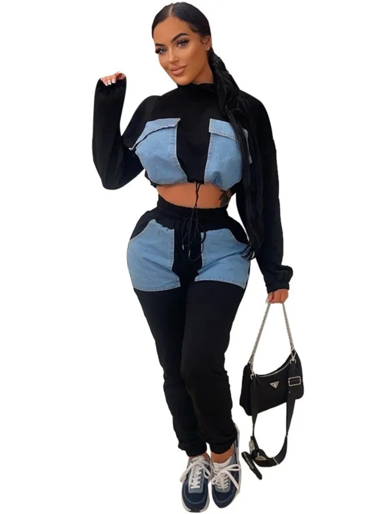 

Африканская одежда, Женский комплект из 2 предметов, укороченные топы и брюки, костюм на осень, новый джинсовый костюм с карманами в стиле пэ...