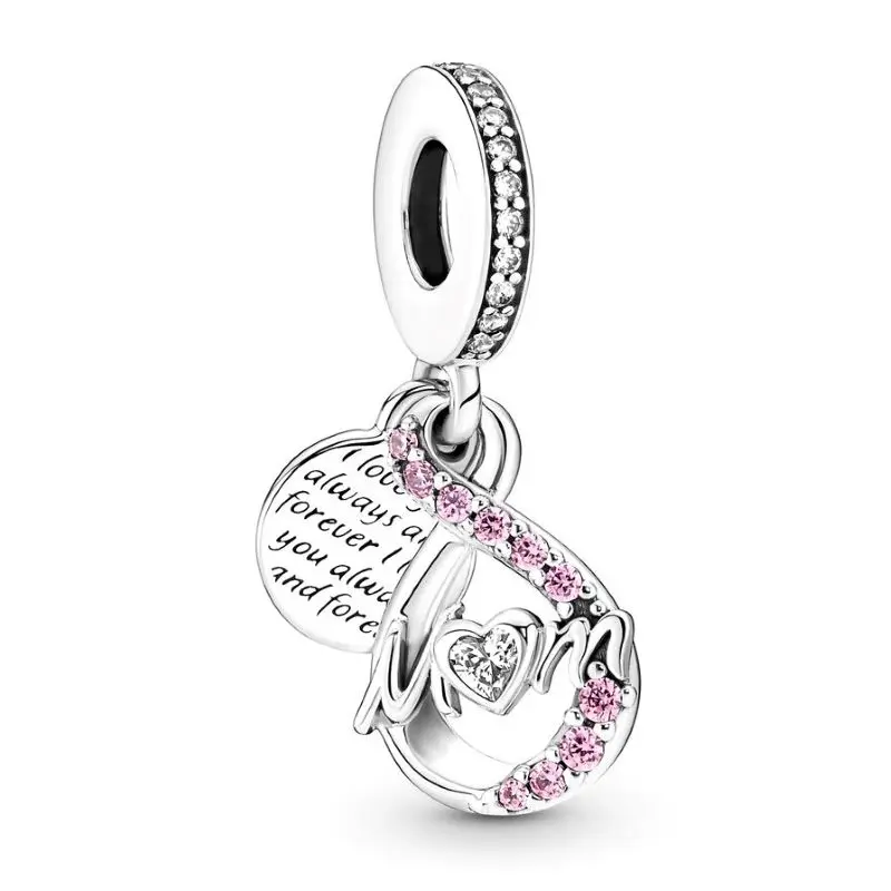 

Authentic 925 Sterling Silver Moments Mum Infinity Pave Double Dangle Charm Bead Fit Pan Bracelet & Necklace Jewelry