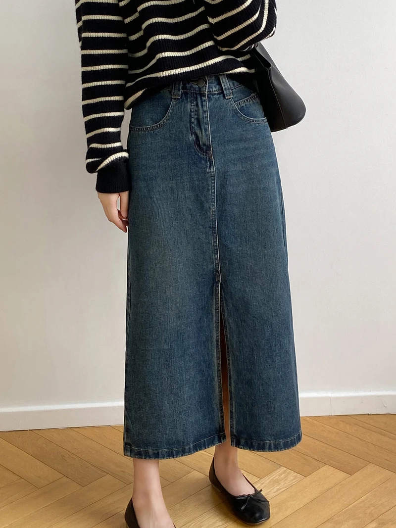 

Fashion Elegant Plain High Waist Autumn Cargo Midi Skirts Women Vintage Straight Long Skirt Chic Lady Casual Splits Denim Skirt